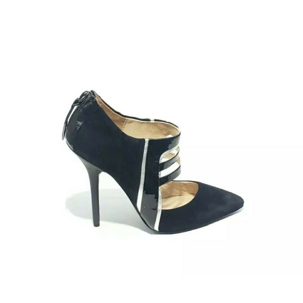 L.A.M.B Heels Pointed Toe Cut Out Zip Black Gray Suede Patent Leather US 7